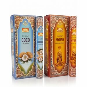 Cajas de Sahumerios Parimal Hexagonales Importados en las variantes Golden COCO y Golden MYRRH, cada una con intrincados diseños, logotipos y texto en español e inglés.