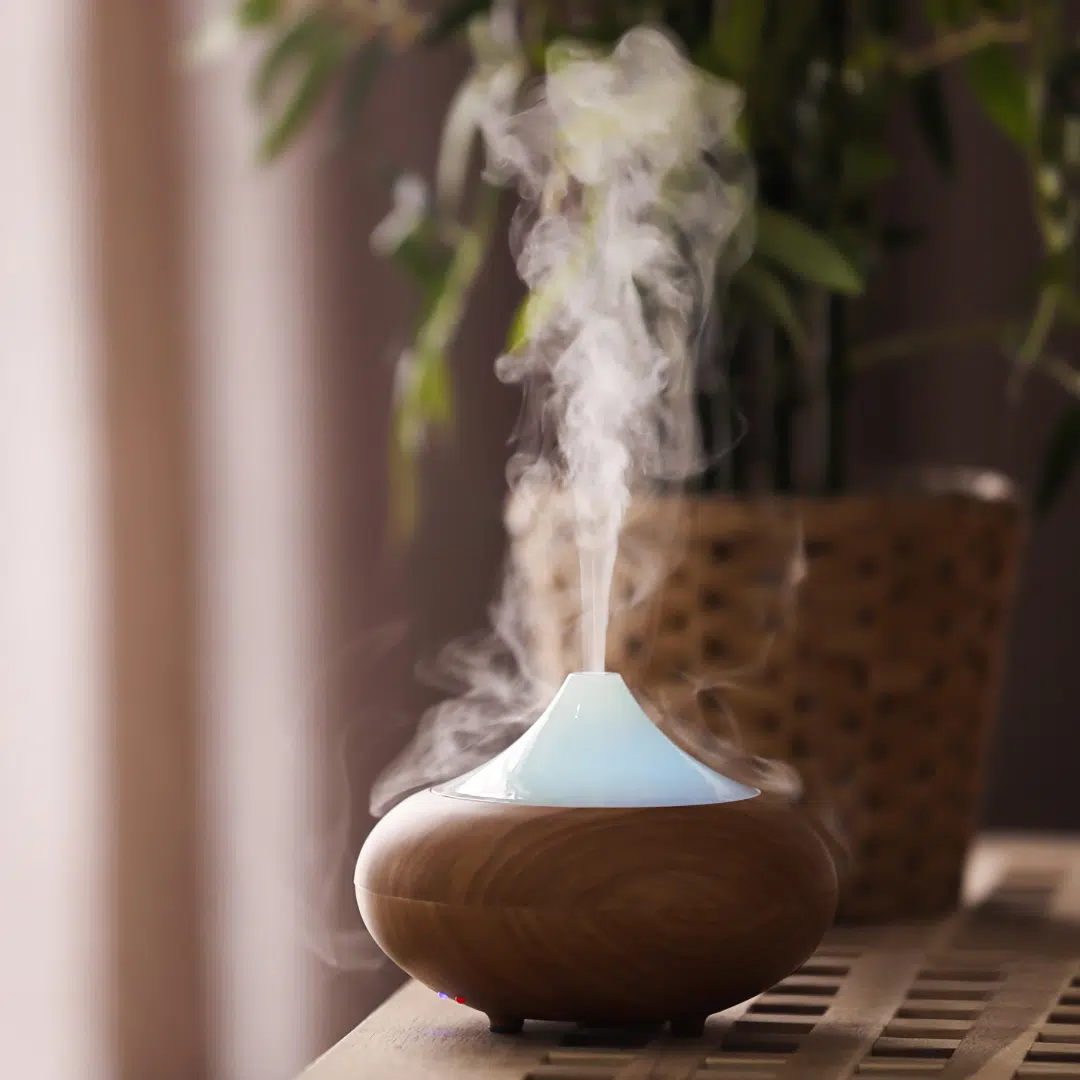 Trío de porta inciensos de madera negra con los símbolos de los 7 chakras tallados en colores, mostrados en tres ángulos (perfil izquierdo, frente y perfil derecho) sobre fondo blanco.