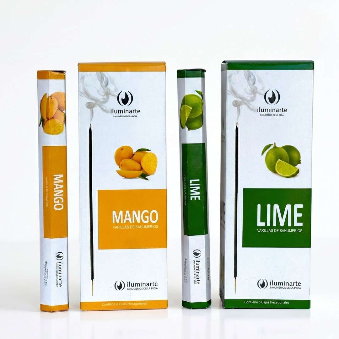Packs de sahumerios Iluminarte hexagonales aromas Mango y Lima, varillas de sahumerios importados de la India de alta calidad.