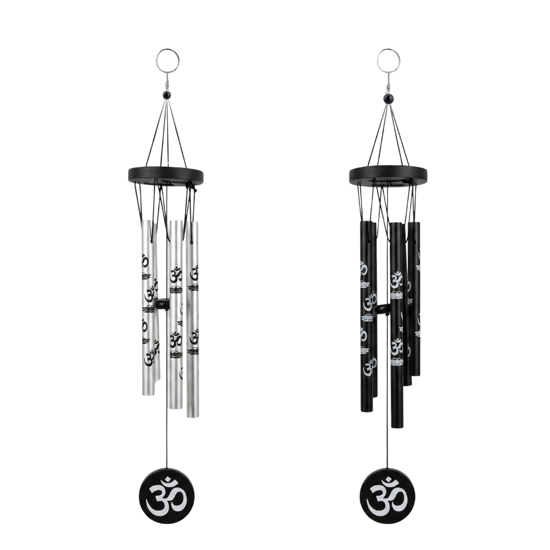 Llamadores de ángeles de acero de 45 cm con símbolo de Om en los caños y el péndulo, versiones en color negro mate y plateado satinado para meditación.