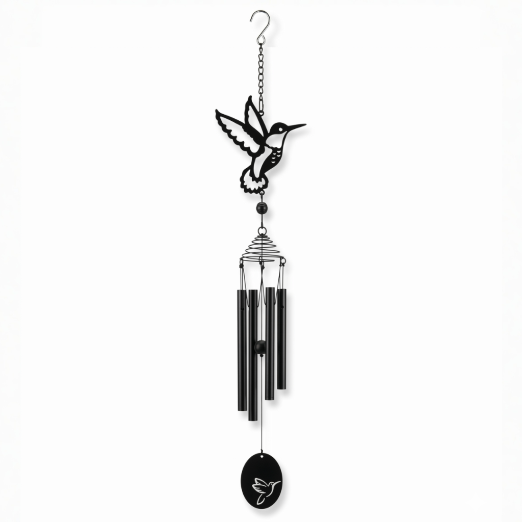 Llamador de ángeles de metal color negro con figura de colibrí calada, 4 caños metálicos y péndulo decorativo, largo total 68 cm para armonización de ambientes.