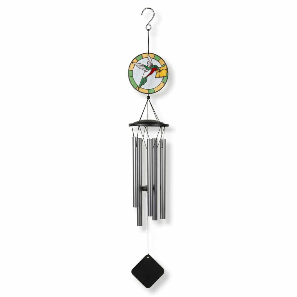 Llamador de ángeles de 75 cm con adorno circular de vidrio estilo vitral con diseño de colibrí y flor, 6 caños de aluminio plateado y péndulo metálico negro.