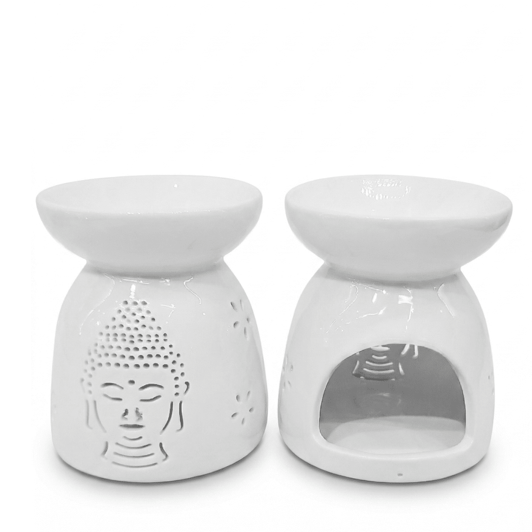 Dos hornillos de cerámica blanca de 9,5 cm con diseño calado de cabeza de Buda en el frente y flores en los laterales sobre fondo blanco.