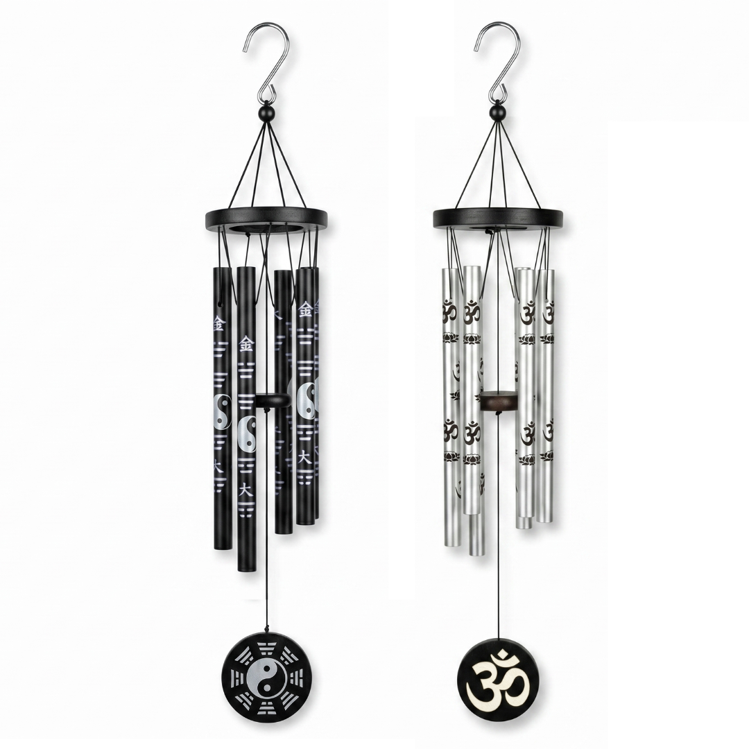 Llamadores de ángeles de 60 cm en metal negro con símbolo Yin Yang y metal plateado con símbolo de Om, ambos con grabados orientales en los 6 caños.