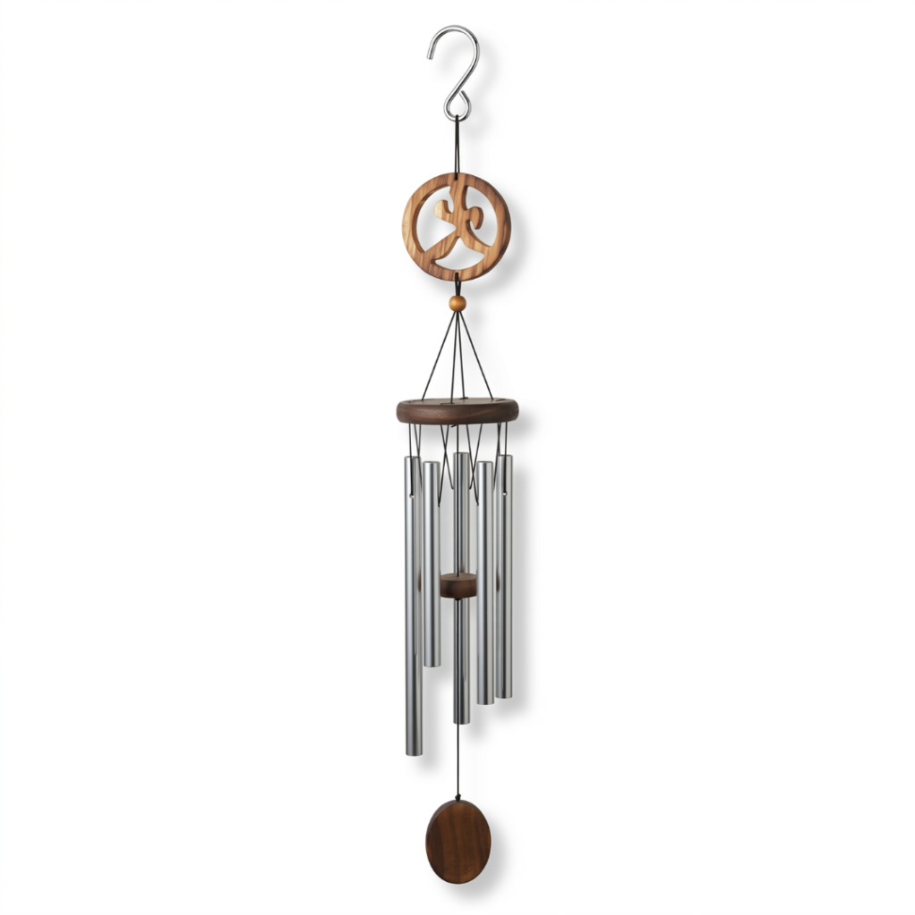 Llamador de ángeles de 60 cm con símbolo Yin Yang de madera tallada, 6 caños metálicos de aluminio plateado y péndulo de madera circular.