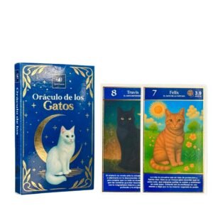 Mazo de cartas Oráculo de los Gatos de la marca Iluminarte, caja azul con detalles dorados y dos cartas de muestra con ilustraciones de gatos y mensajes espirituales.