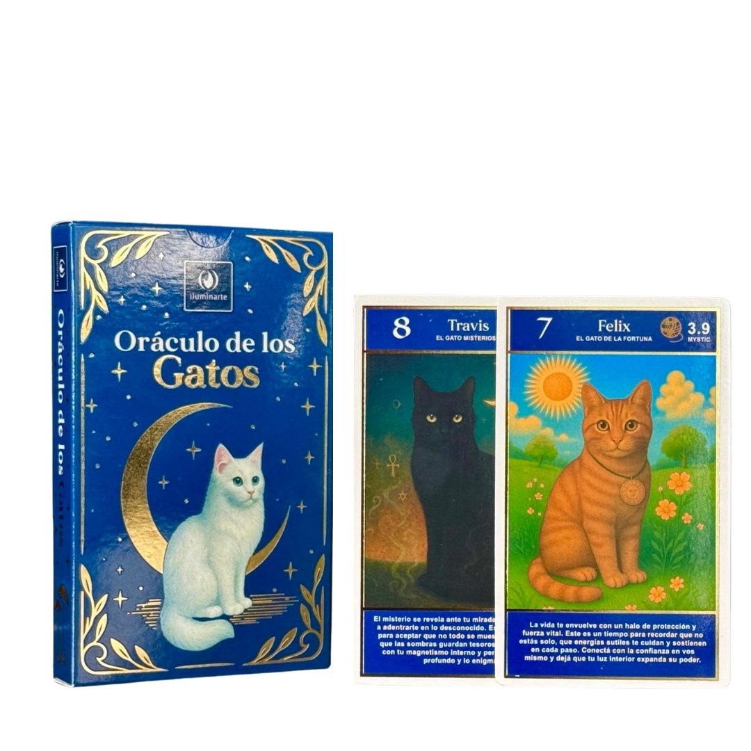 Mazo de cartas Oráculo de los Gatos de la marca Iluminarte, caja azul con detalles dorados y dos cartas de muestra con ilustraciones de gatos y mensajes espirituales.