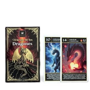 Mazo de cartas Oráculo de los Dragones de Iluminarte, caja negra con ilustración de dragón dorado y cartas con diseños de dragones elementales y mensajes de poder.