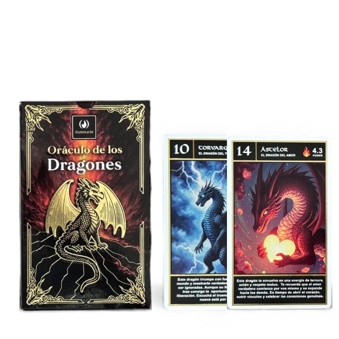 Mazo de cartas Oráculo de los Dragones de Iluminarte, caja negra con ilustración de dragón dorado y cartas con diseños de dragones elementales y mensajes de poder.