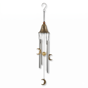 Llamador de ángeles de 60 cm con campana de bronce grabada, 4 caños de aluminio plateado y figuras de lunas crecientes con rostro, estilo esotérico.