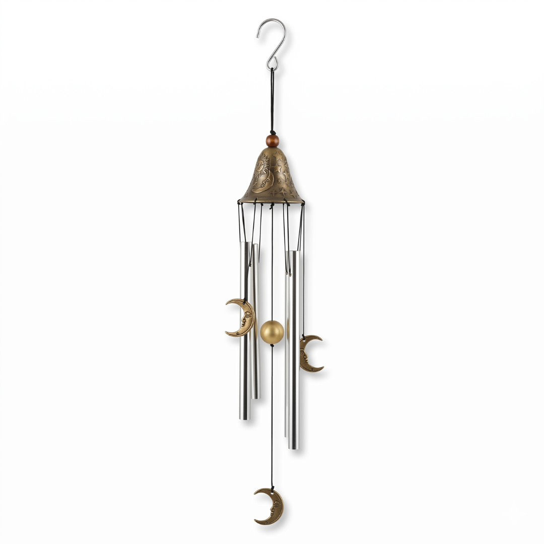 Llamador de ángeles de 60 cm con campana de bronce grabada, 4 caños de aluminio plateado y figuras de lunas crecientes con rostro, estilo esotérico.