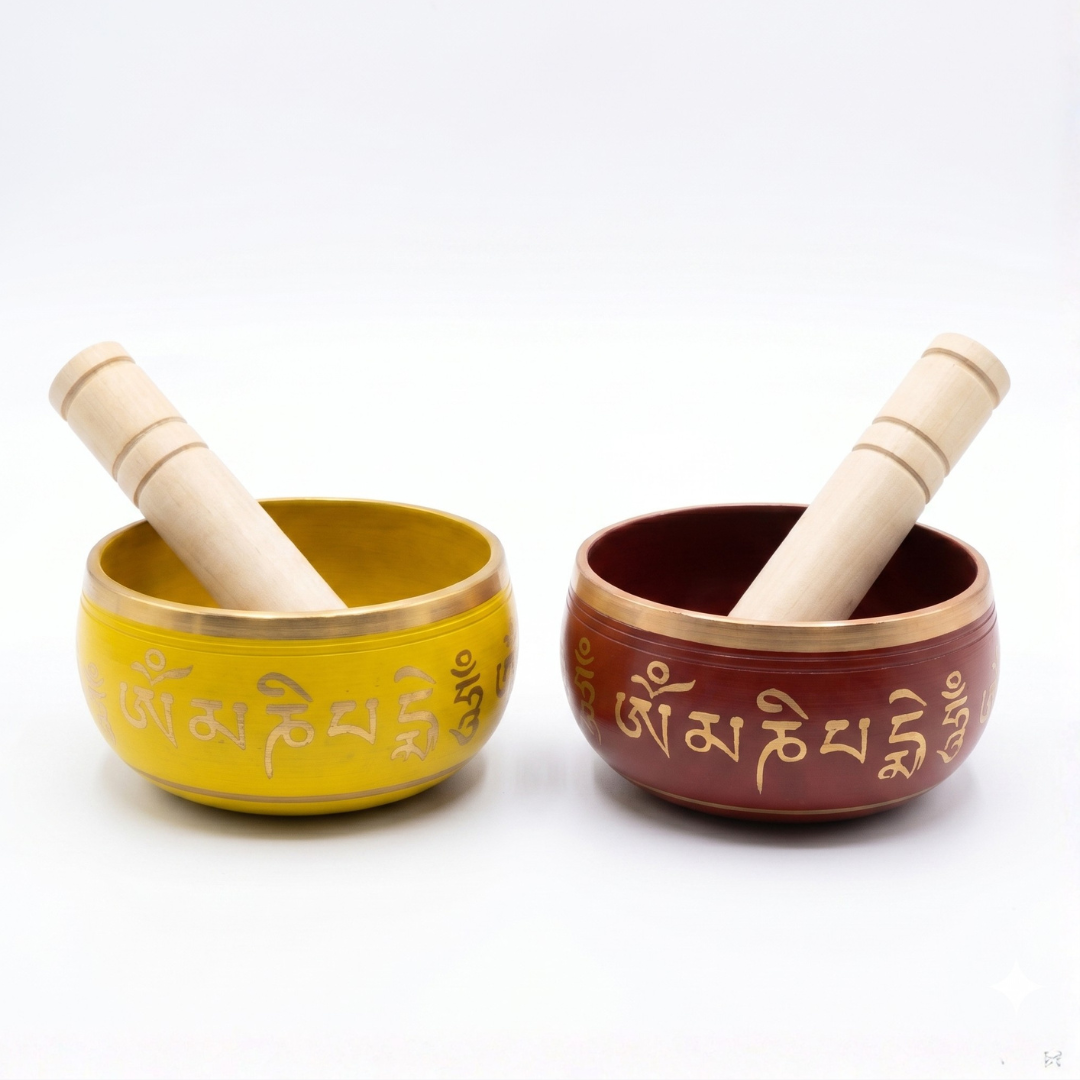 Dos cuencos tibetanos de meditación con acabado esmaltado en colores amarillo vibrante y bordeaux mate, con el mantra Om Mani Padme Hum grabado en relieve dorado y mazos de madera.