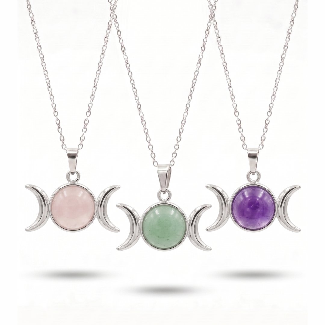 Dije Triple Diosa Lunar con Cuarzos Naturales