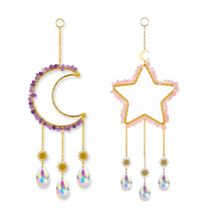 Colgante Chico Luna/Estrella de Acero Dorado con Cuarzos y 3 Atrapasoles Tornasol