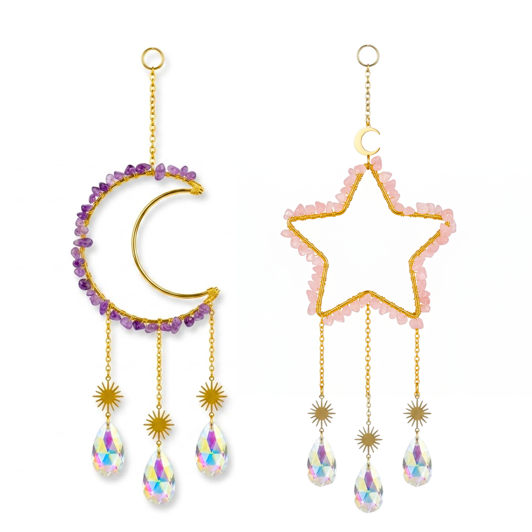 Colgante Chico Luna/Estrella de Acero Dorado con Cuarzos y 3 Atrapasoles Tornasol