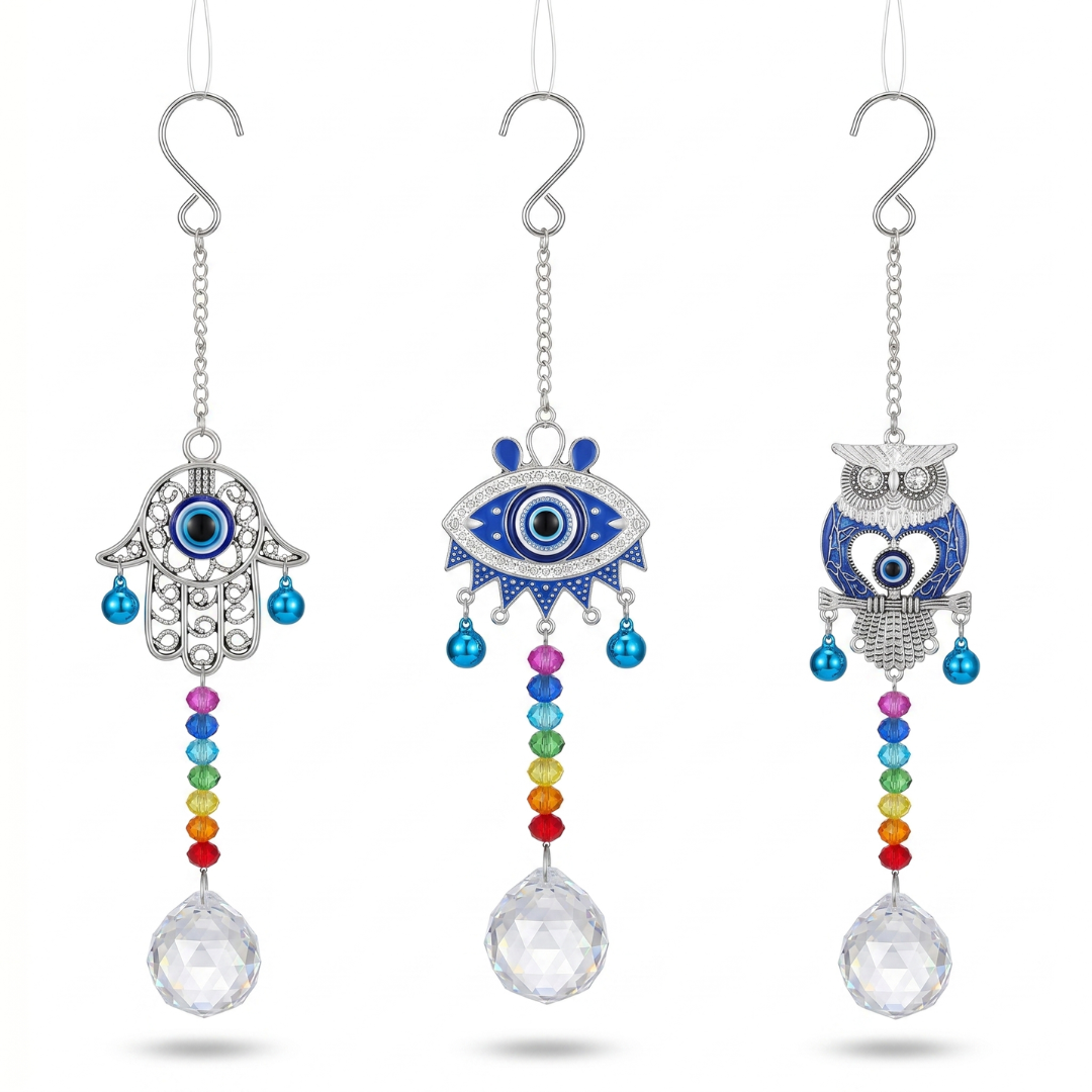 Colgante de Pared Místico con Chakras, Atrapasol Tornasolado y Dijes Protectores