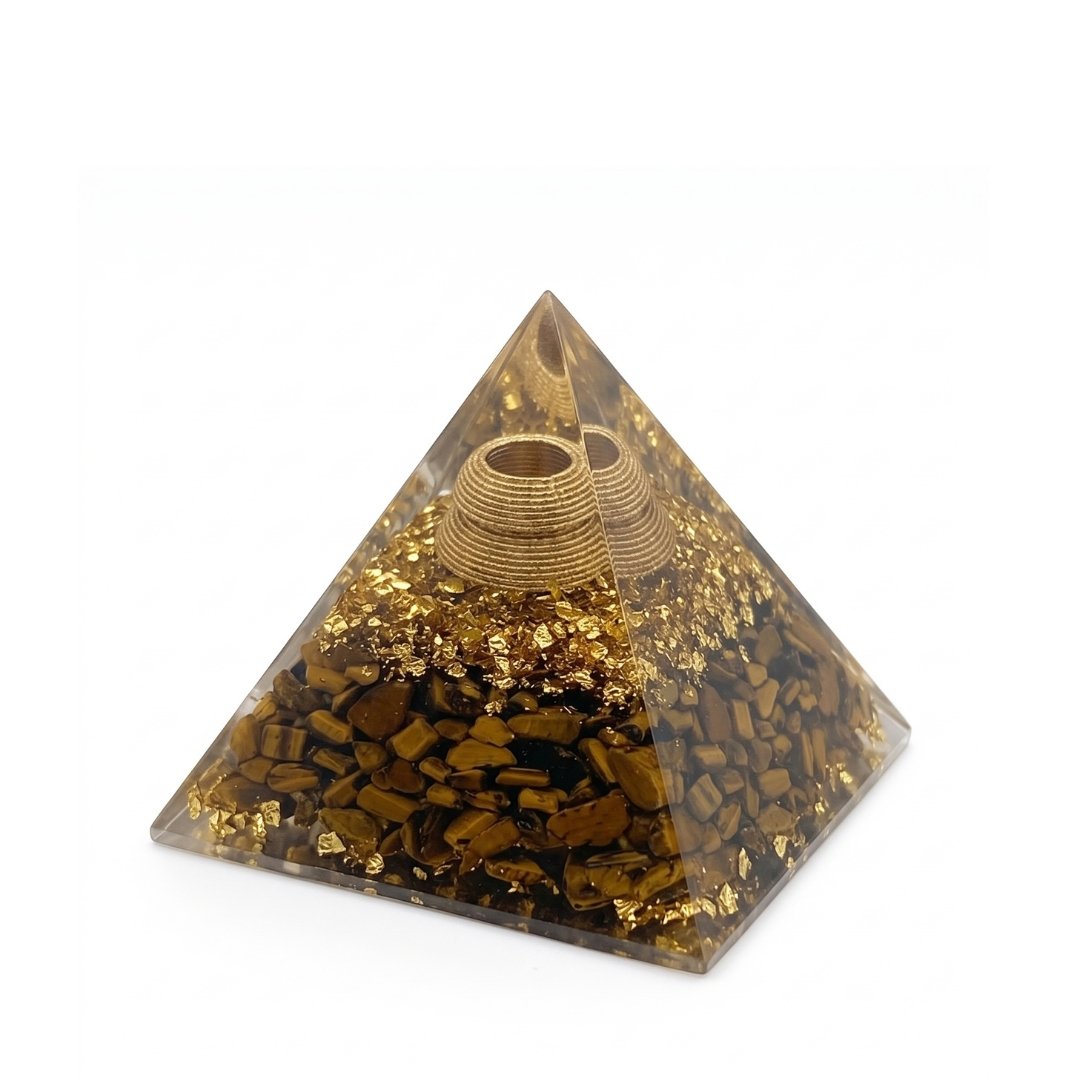 Pirámide Orgón Ojo de Tigre con Bobina de Cobre 6 cm Generador Energético
