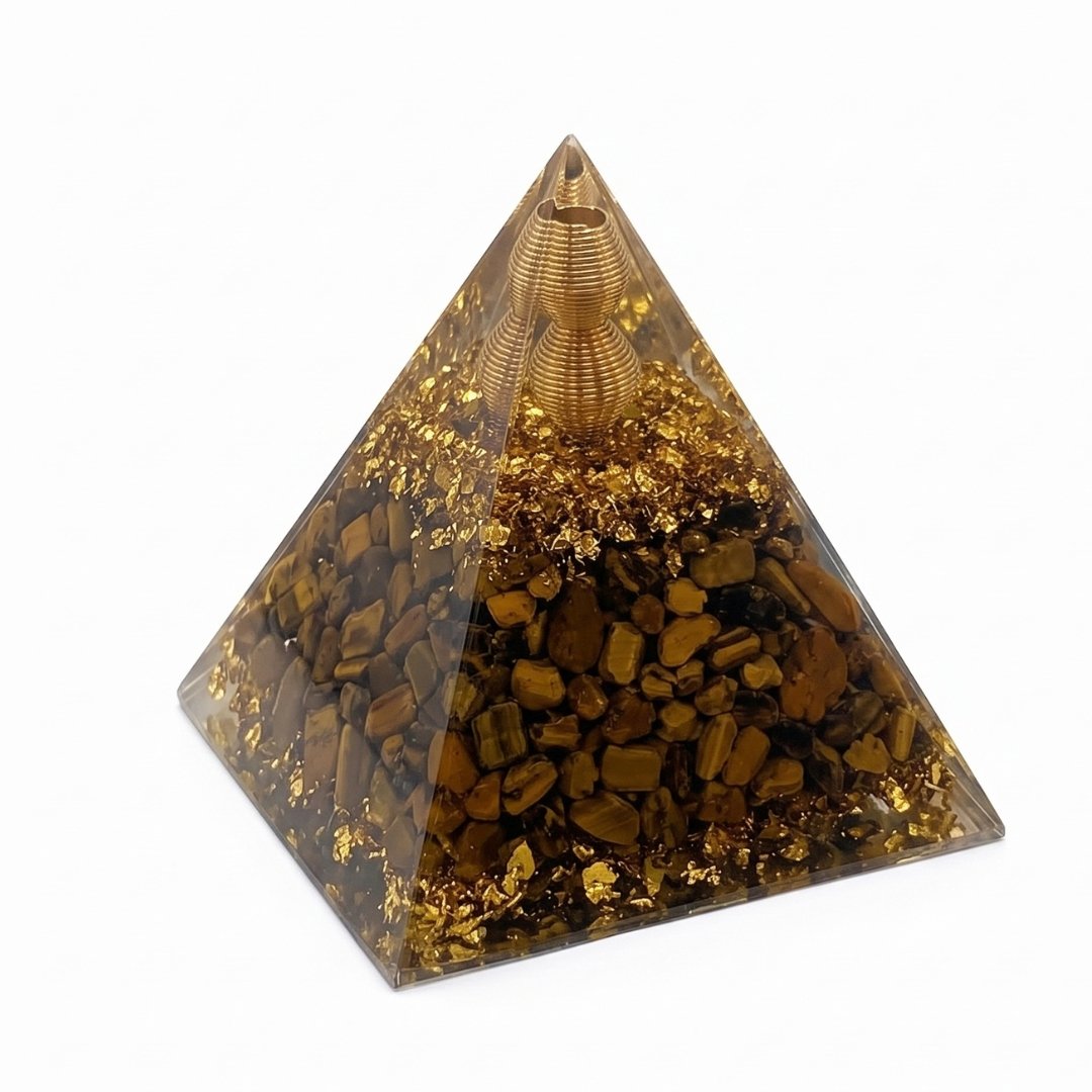 Pirámide Orgón Ojo de Tigre con Bobina de Cobre 8 cm Generador Energético
