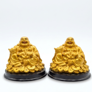 Estatua Buda de la Abundancia Hotei de Resina Dorado sobre Monedas 7 cm