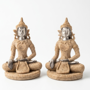 Estatua Buda Tailandés Coronado de Resina Símil Piedra Arenisca y Plata 8 cm