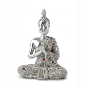 Estatua Buda Tailandés de Resina Plateado con Espejos Anjali Mudra 19 cm