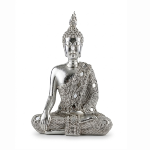 Estatua Buda Tailandés de Resina Plateado con Espejos Bhumisparsha Mudra 19 cm