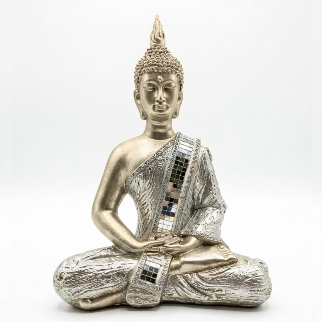 Estatua Buda Tailandés de Resina Plateado Champán con Espejos Meditación Dhyana 25 cm