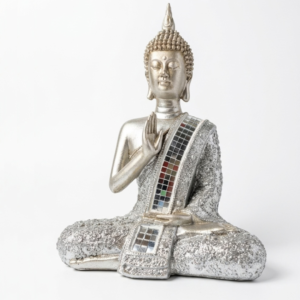 Estatua Buda Tailandés de Resina Plateado con Mosaico Espejado Abhaya Mudra 21 cm