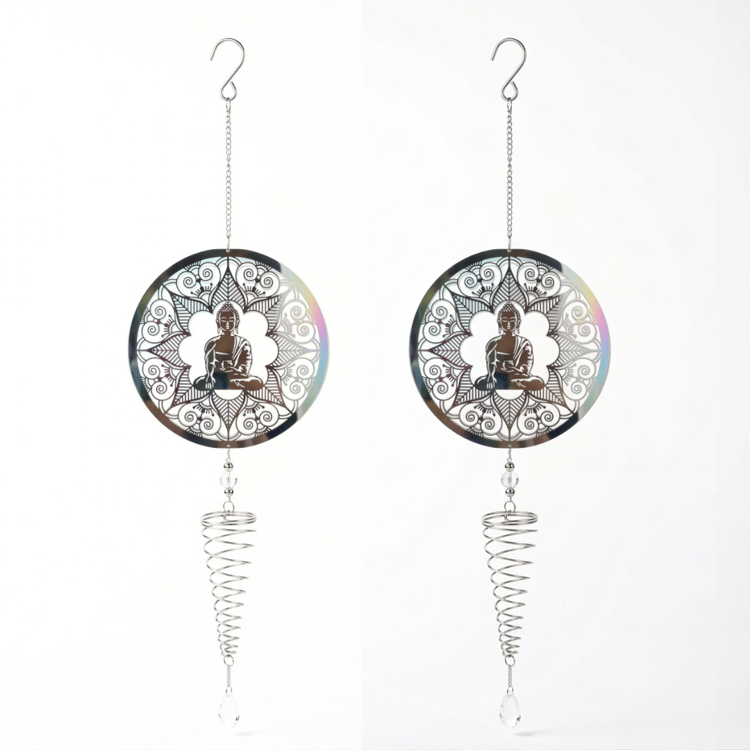 Móvil Colgante de Acero Buda Mandala con Espiral Giraviento y Cristal 80 cm