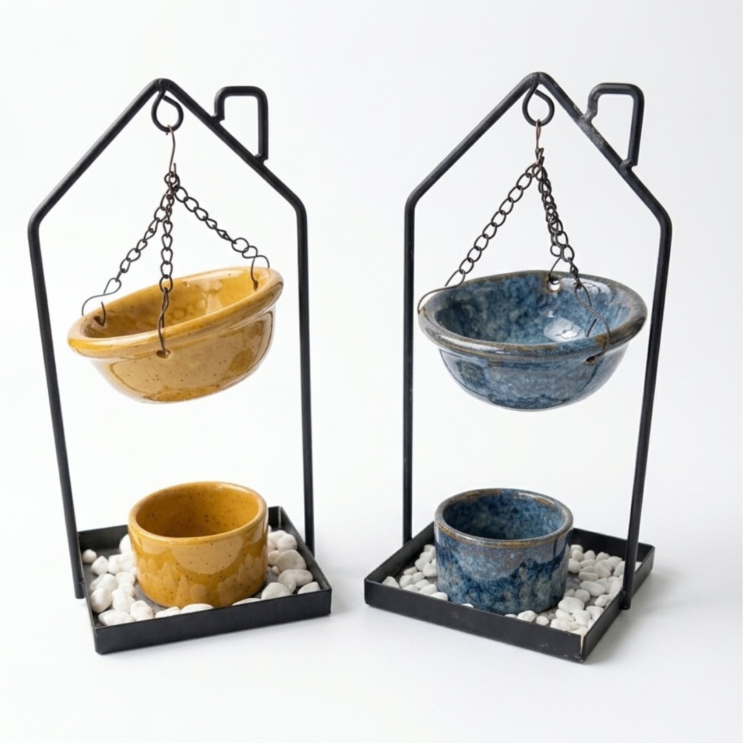 Hornillo Colgante de Hierro Casita con Cuenco de Cerámica y Piedras 18 cm